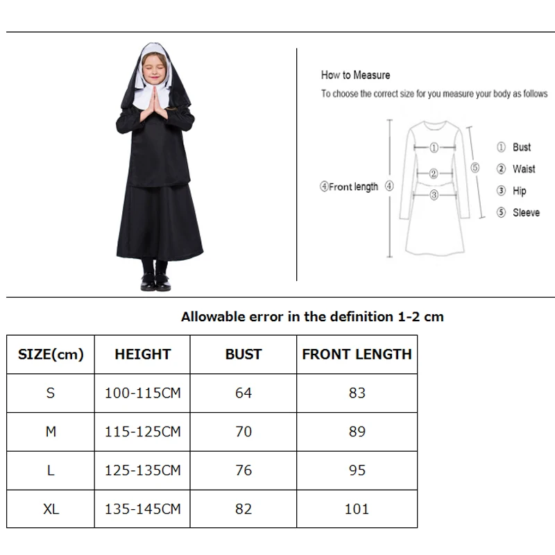 Костюм Монахини для девочек среднего возраста карнавал Хэллоуин церковный