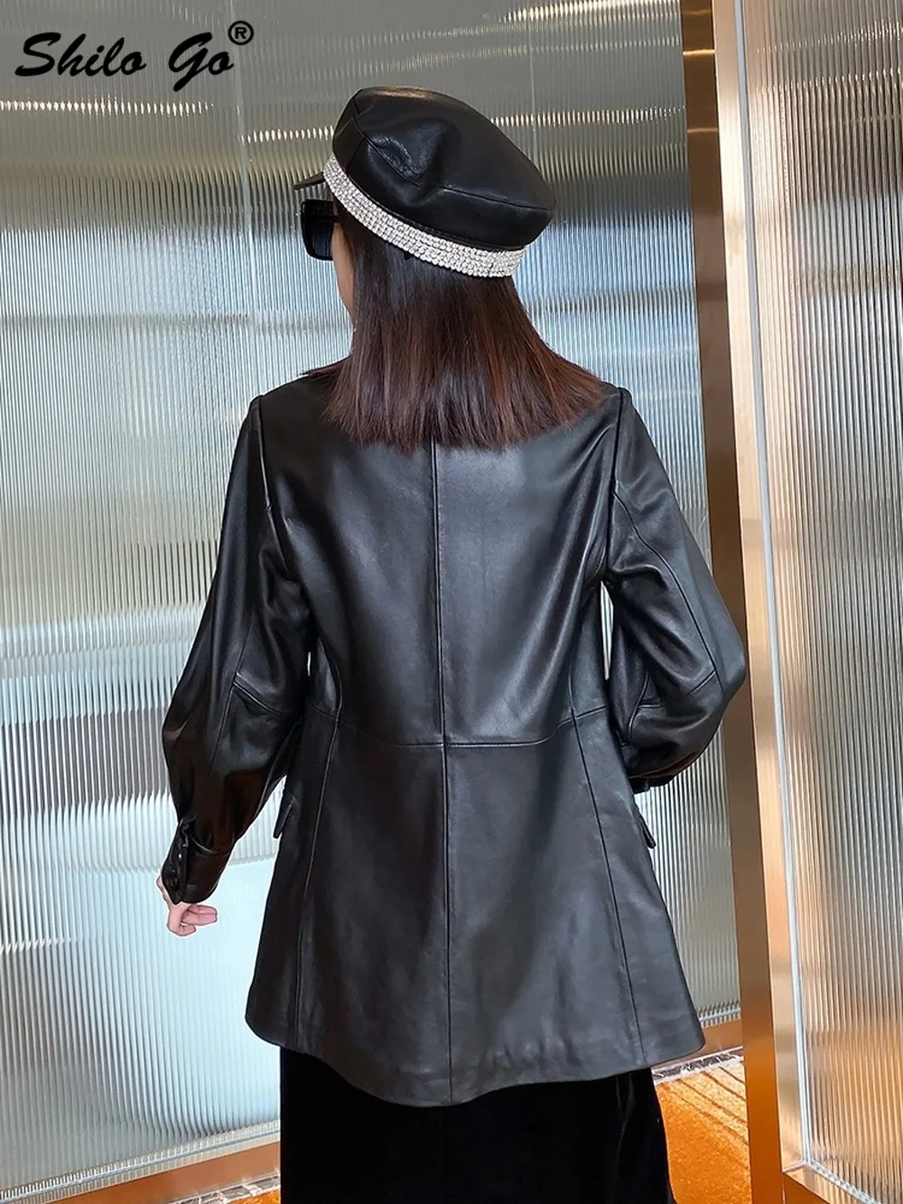 

Streetwear Notched Neck Single Button A Line Coat Women Winter High Street Solid Genuine Leather Jacket Black Sheepskin Outwear
