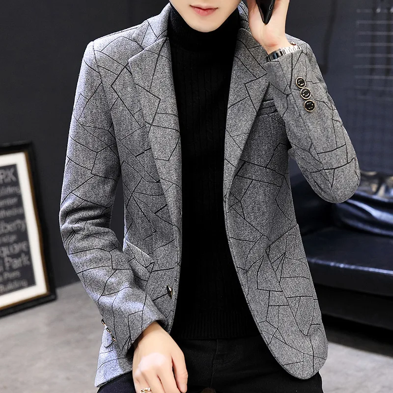 

2021 men's striped plaid woolen blazer autumn and winter new slim-fit casual woolen two-button blazer
