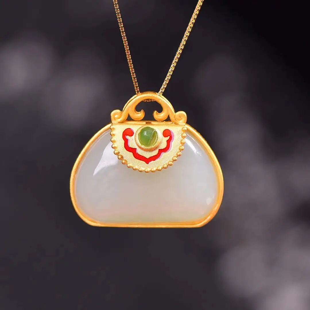 

Natural 925 inlaid Hetian jade enamel bag pendant
