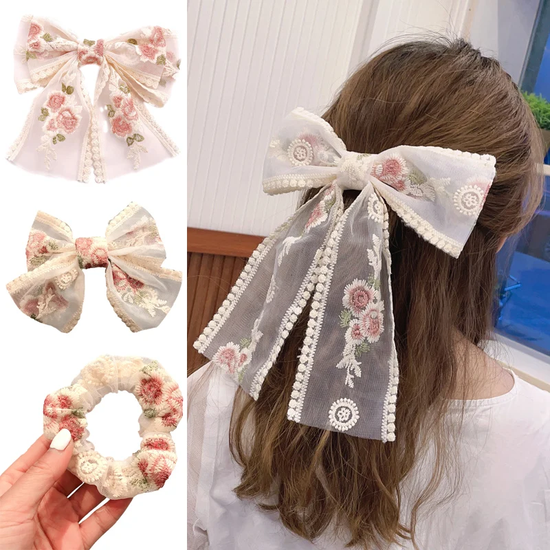 

Oversized Bow Hair Clip Retro Embroidered Lace Hairpins Sweet Fabric Ribbon Hair Clips Pink Rose Flower Hairpin Hair Accessories