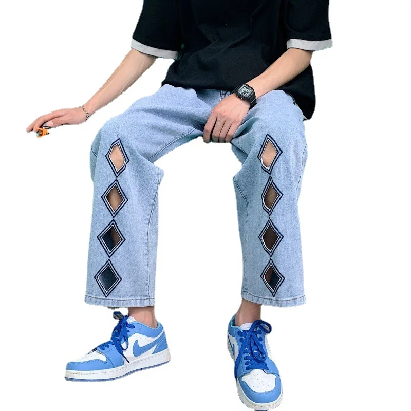 

Men Jeans Personality Fashion Diamond Hole Cropped Trousers Straight Loose Wide Legs Jeans Pants