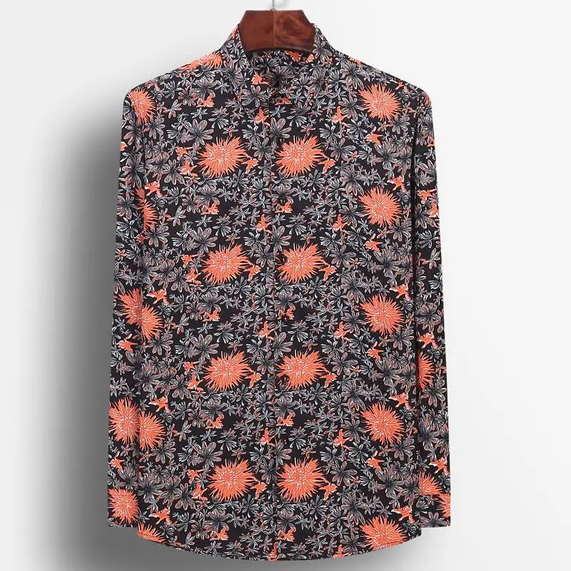 

Mens Beach Floral Printed Holiday Casual Cotton Shirt Pocket-less Design Long Sleeve Standard-fit Flowers Hawaiian Blouse Shirts