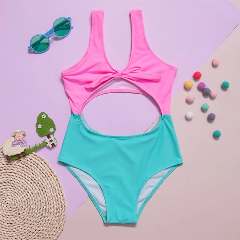 

Cut Out Swimsuit One Piece Girl 7-14 Years Children's Swimwear Bow Tie Girls Bathing Suit Monokini Two Tone Kids Beachwear 2021