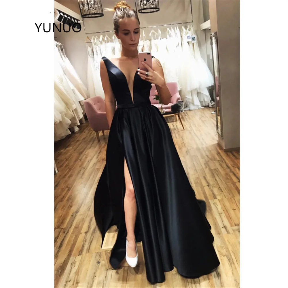 

YUNUO Sheer Deep V-Neck Sexy Prom Formal Gowns A-line Satin Slit Evening Dresses Long Sleeveless robe de soiree Navy Blue