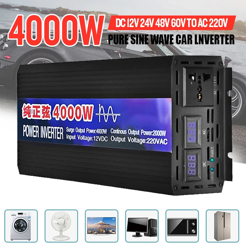 

Pure Sine Wave Power Inverter 4000W 3000W 2000W Solar Car Inverters With LED Display DC 12V 24V To AC 220V Voltage Converter