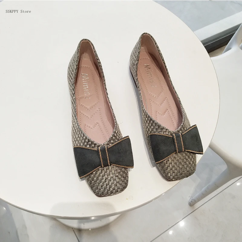Ladies Ballet Flats Ladies Square Toe Soft Sole Non-slip Woven Leather Casual Shoes with Sweet Bow Loafers Brown Lolita Shoes