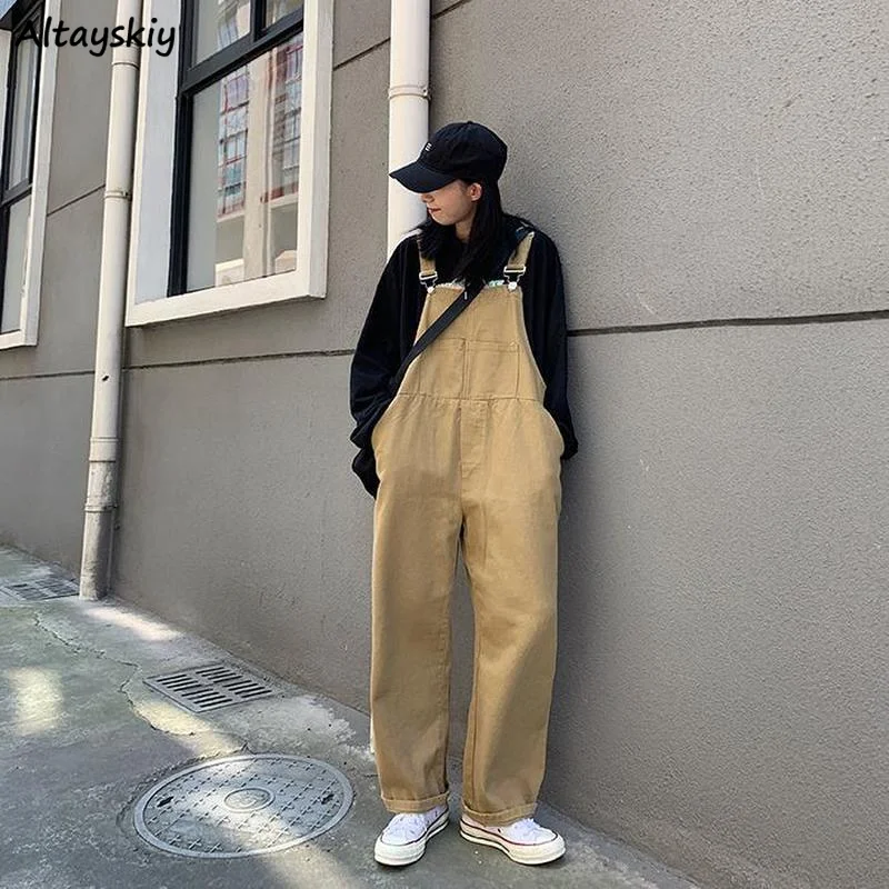 

Jumpsuits Women Solid Loose Wide Leg Trousers Cargo High Waist Streetwear Washed Female Overalls Pockets Classic Ulzzang Casual