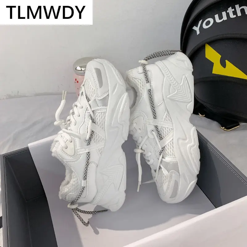 

Comfy Breathable Mesh Trainers Chunky Heels 5cm Women's Platform Sneakers Women Shoes Casual Female White Mesh Shoes For Woman