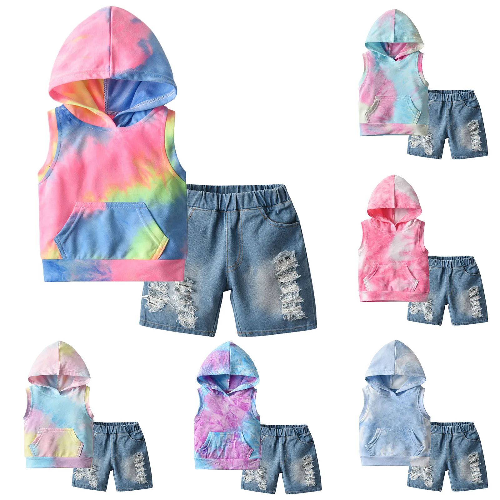 

Toddler Baby Girls Tie-dyed Clothes Sets Rainbow Hoodie Tops+denim Shorts Outfits Pocket Summer Sleeveless Kids Clothing 0-4 Y