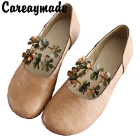 careaymade retro flower petal round head shallow mouth single shoes fairy cotton hemp wind bean bottom lazy granny flat shoes