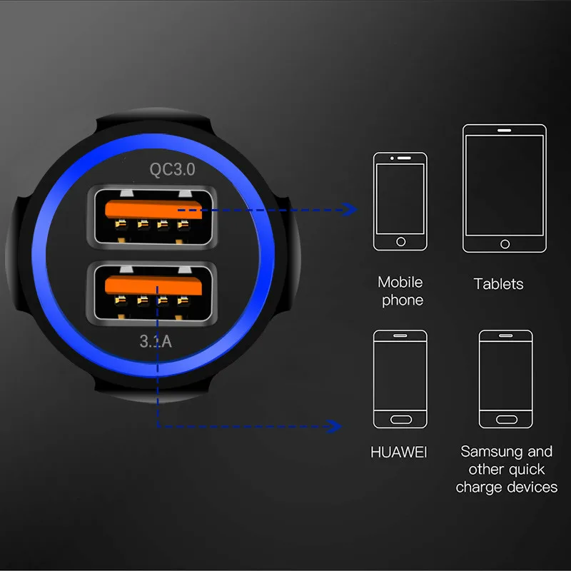 Быстрая зарядка 3,0 Автомобильное зарядное устройство для iPhone samsung XiaoMi Dual USB светодиодный светильник автомобильное зарядное устройство Быстрая зарядка мобильный телефон Универсальный