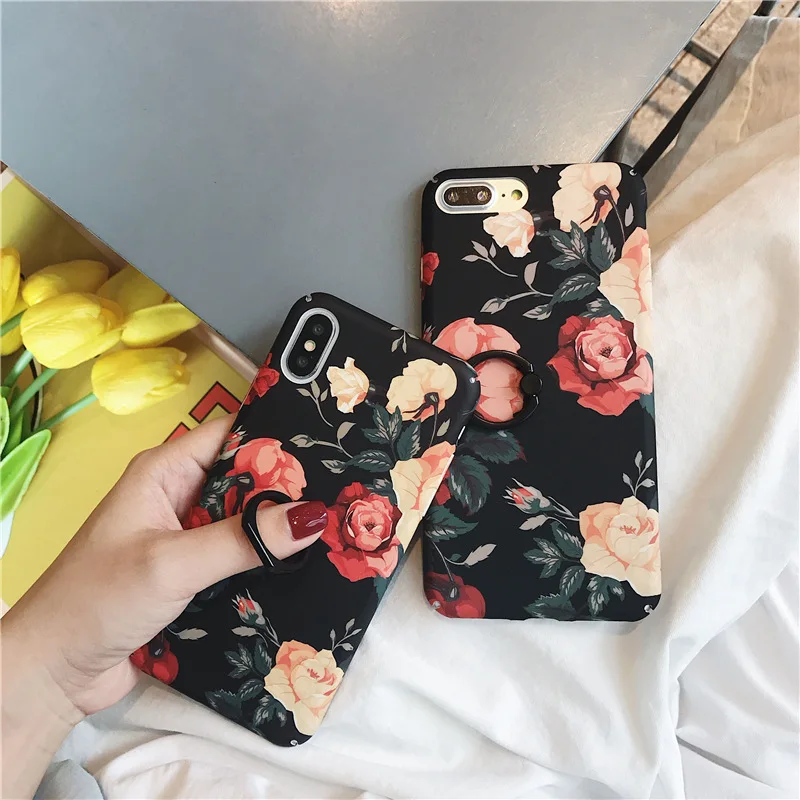 Черный чехол с цветком розы для IPhone 6 Plus/6s 7/7 Plus/8/8 Plus Xr Xs Max кольцом держателем