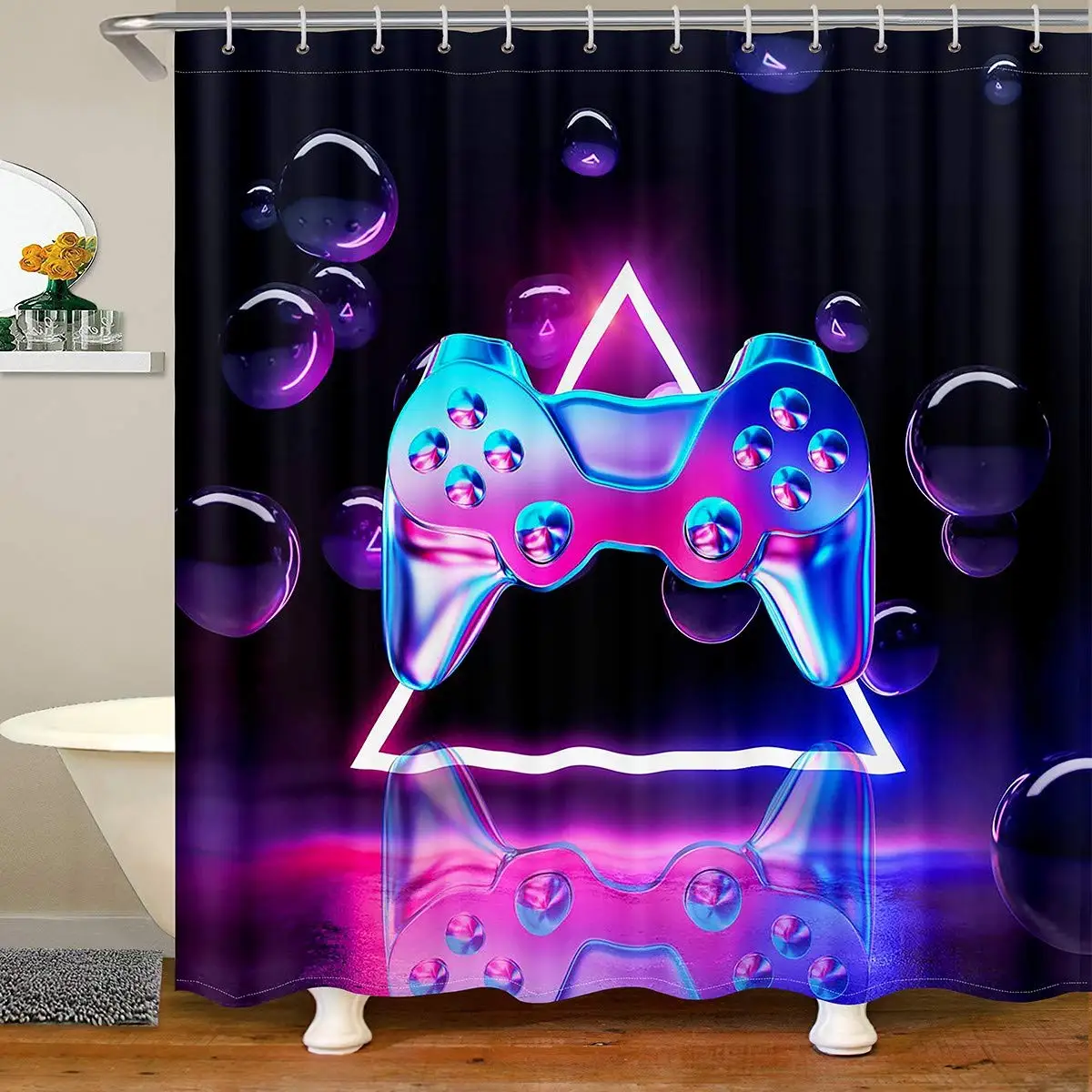 

Game Bathtub Shower Curtain Modern Gaming Shower Curtain Boy Gamers Bathroom Curtains Geometric Bathroom Sets Accessories Purple