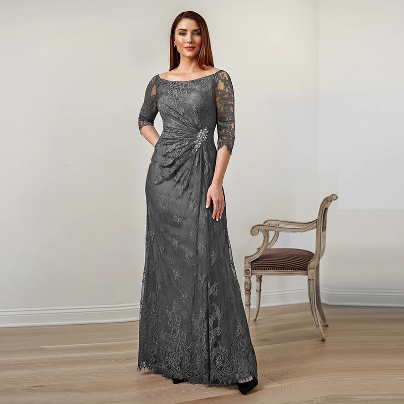 

Wholesale Elegant Gray Lace Mother of the Bride Dresses 2021 with 3/4 Sleeves Bateau Neckline Beaded Wedding Party Dresses Pleat