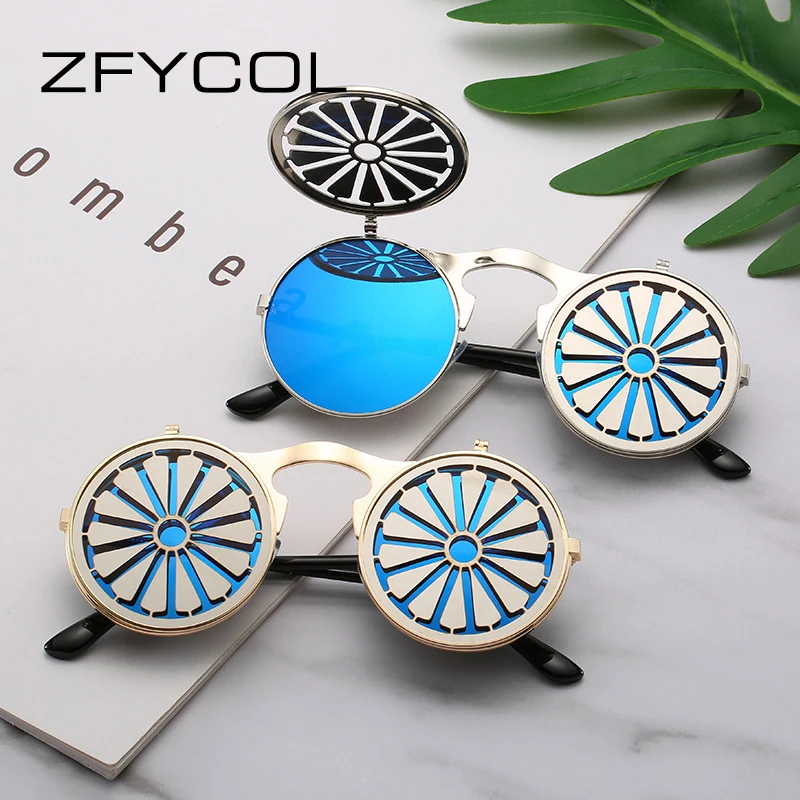 

ZFYCOL Steampunk Flip Sunglasses Men Women Brand Designer Circle Glasses Round Metal Frame Vintage Double lens Sun Glasses UV400