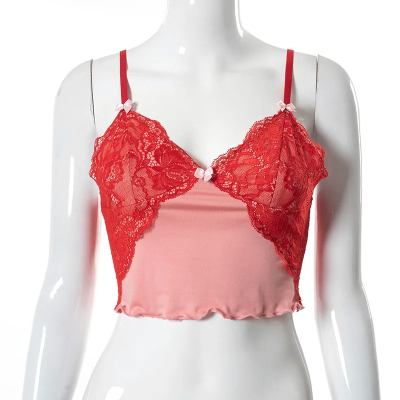 

Y2K EGIRL 2000s Fashion Red Patchwork Crop Tops Y2K Aesthetics Lace Trim Ruffles Cami Tops Summer Sexy Backless Club Outfits