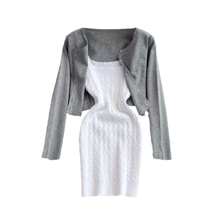 

Autumn and winter new Korean slim fit and slim elastic knitted suspender Hip Wrap Dress two-piece suit cardigan coat