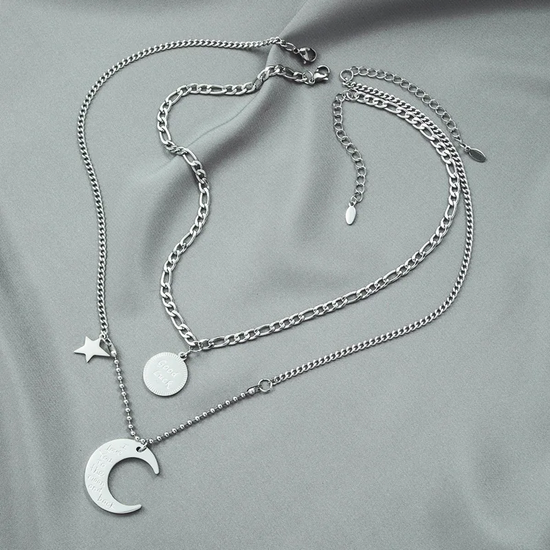 

Cute Love Forever Wedding Women Jewelry Titanium Steel Layer Crescent Moon Star Letters Charms Chain Choker Pendant Necklace