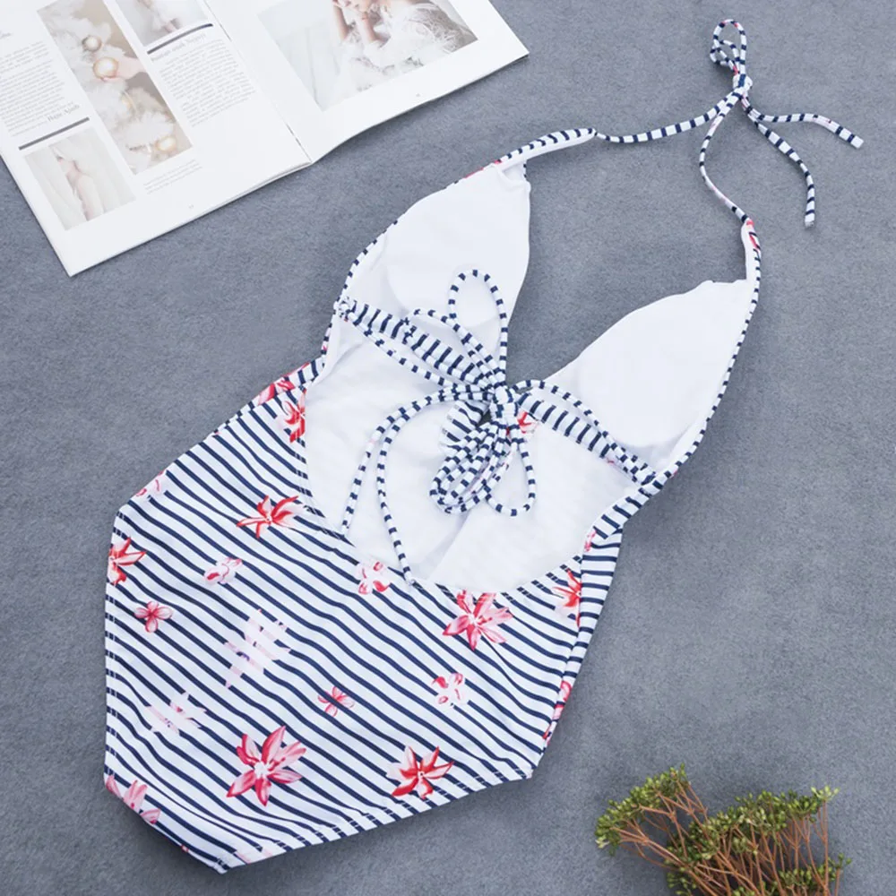 Женский слитный купальник монокини купальный костюм в полоску с открытой спиной