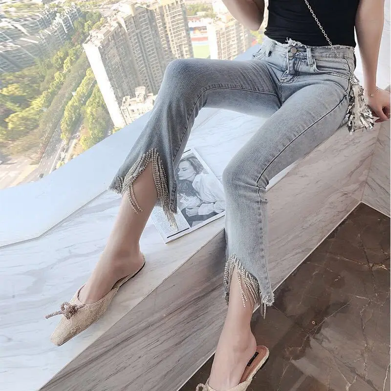 Women Jeans With Beads Tassel Rhinestones Vintage Skinny High Waist Stretchy Petite Ankle Elastic Denim Pants | Женская одежда