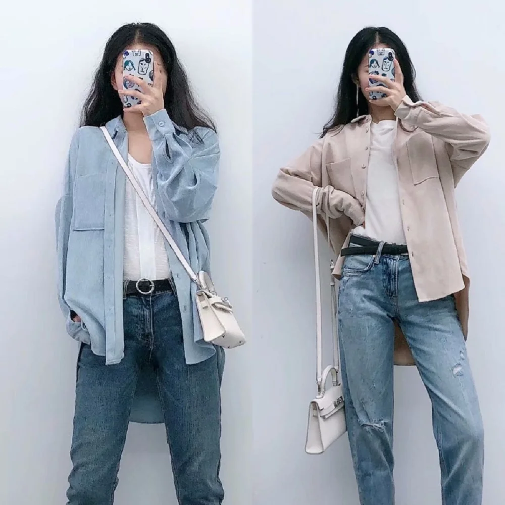 

Ladies Vintage Oversize Corduroy Women Shirt Blouse Top Korean Solid Long Sleeve Boyfriend Style Shirt Women Tops Blouses Female