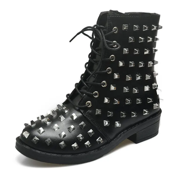 

New 2021 Europe British Style Winter Short Martin Boots Women Low Heels Botas Mujer Motorcycle Booty Femme Rivet Lace Up Shoes