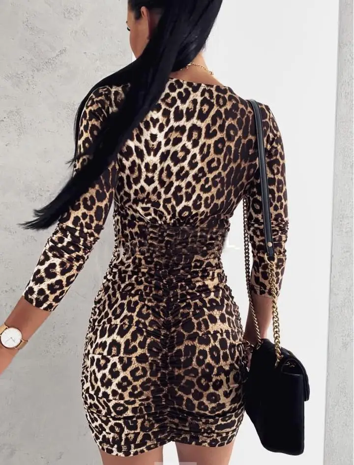 

Leopard Print Dress Lady Fashion Pencil Dress Women Party Club Dresses Womens Autumn Sexy V-Neck Mini Dress Casual Long Sleeve