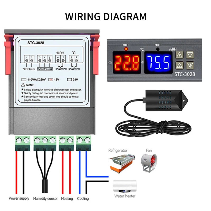

STC-3028 Digital Temperature Humidity Controller Home Fridge Thermostat Humidistat Thermometer Hygrometer Control Switch DC 24V