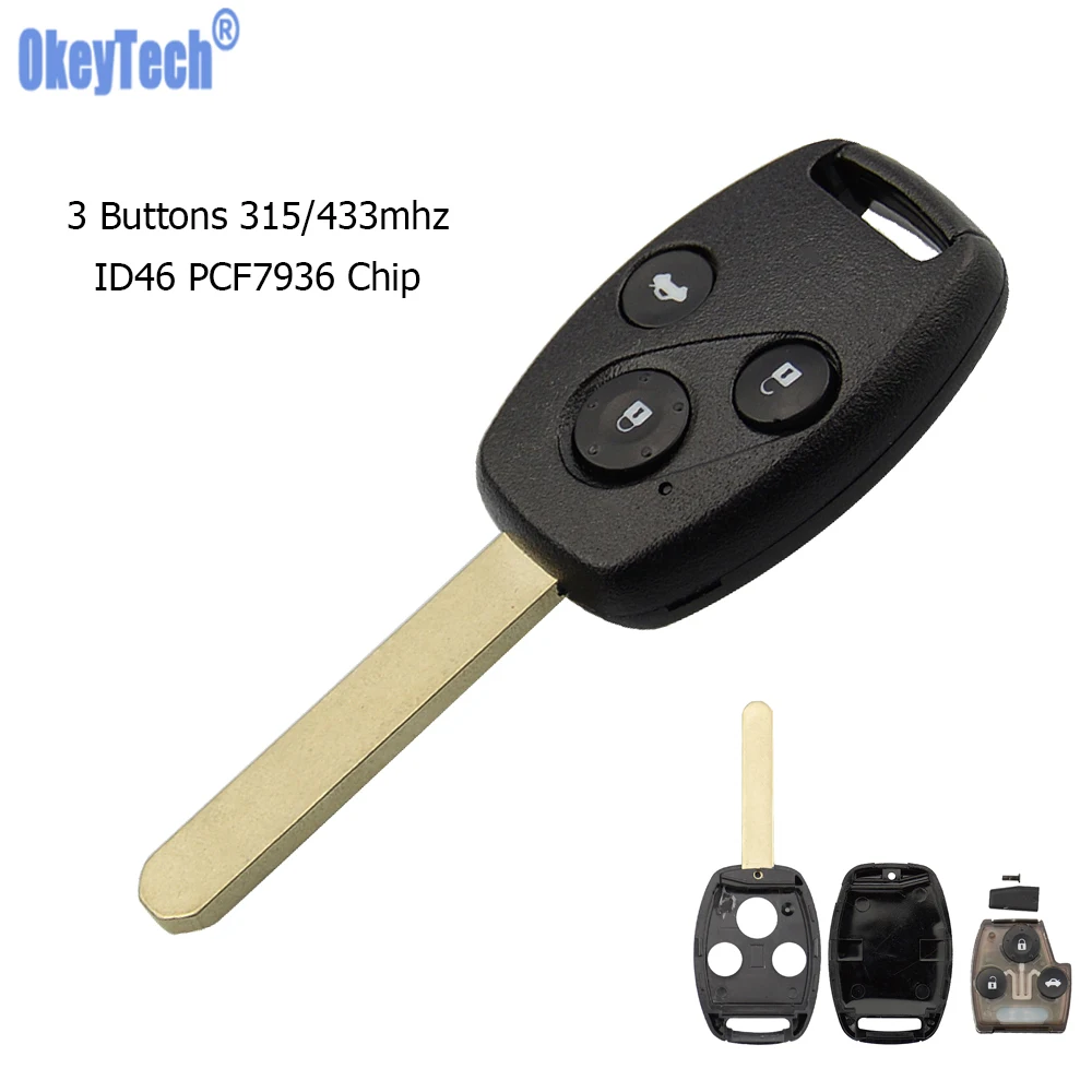 

OkeyTech Remote Car Key For Honda Fit Accord Civic CRV Pilot Insight Jazz HRV 3 Buttons 315/433mhz ID46 PCF7936 Chip Uncut Blade