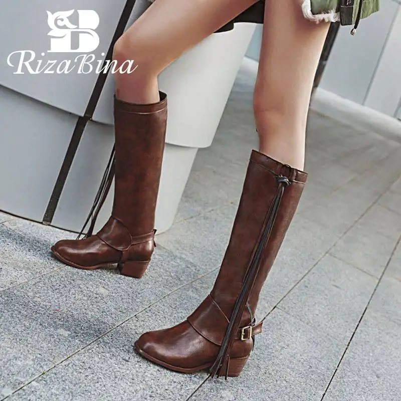 Модные женские сапоги до колена с бахромой RIZABINA круглым носком и квадратным