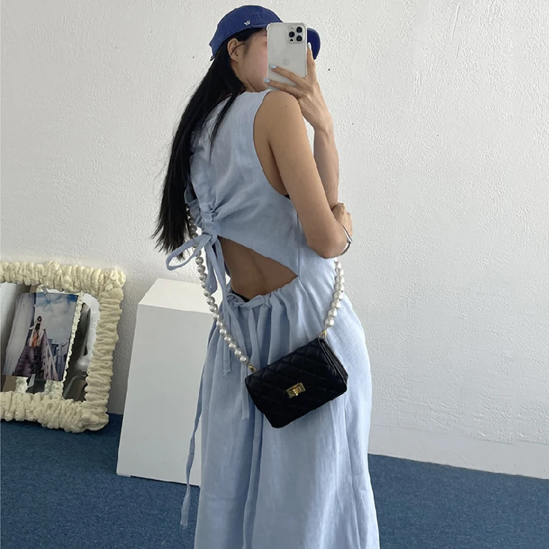 Женское летнее платье Sannian с круглым вырезом открытой спиной и кулиской сзади