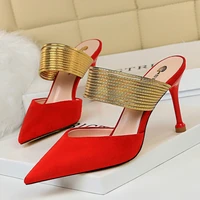 sexy slim female slippers fine heel shoes shallow mouth pointed word with fashion summer flock outer wear shallow 8 5cm up