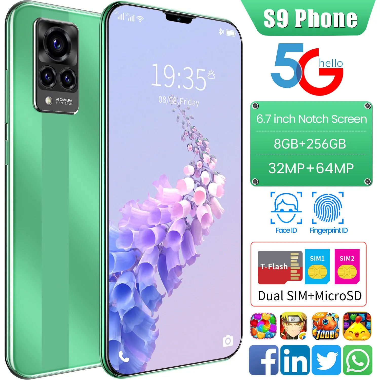 

S9 Global Version Smart Phone Andriod 11 6.7 Inch Full Screen 8+256gb Dual Sim SD Fingerprint Unlock Deca Core Mobile Phones