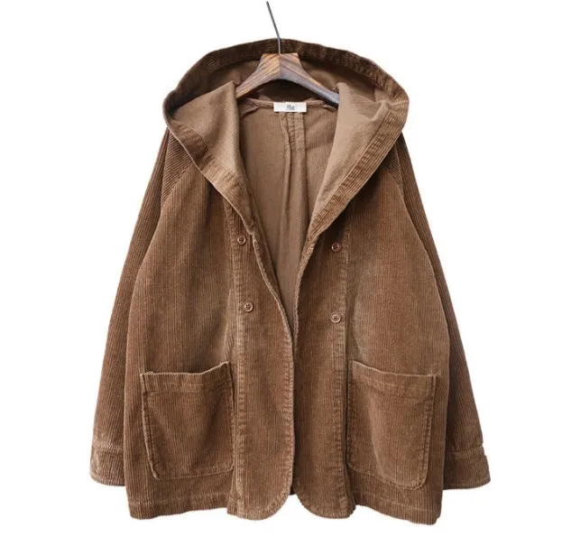 Spring Autumn Womens Loose Hooded Jacket Women Corduroy Jackets Short Coats Female Vintage Outerwear Women Cropped Jacket