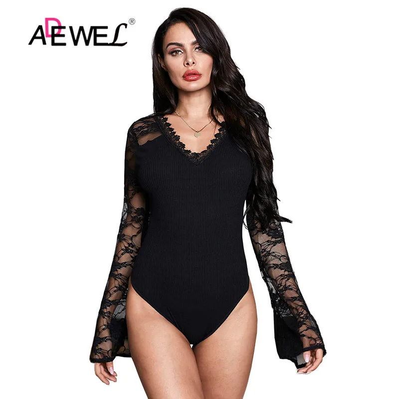 Женское боди с длинным рукавом ADEWEL белое черное резинкой и v образным