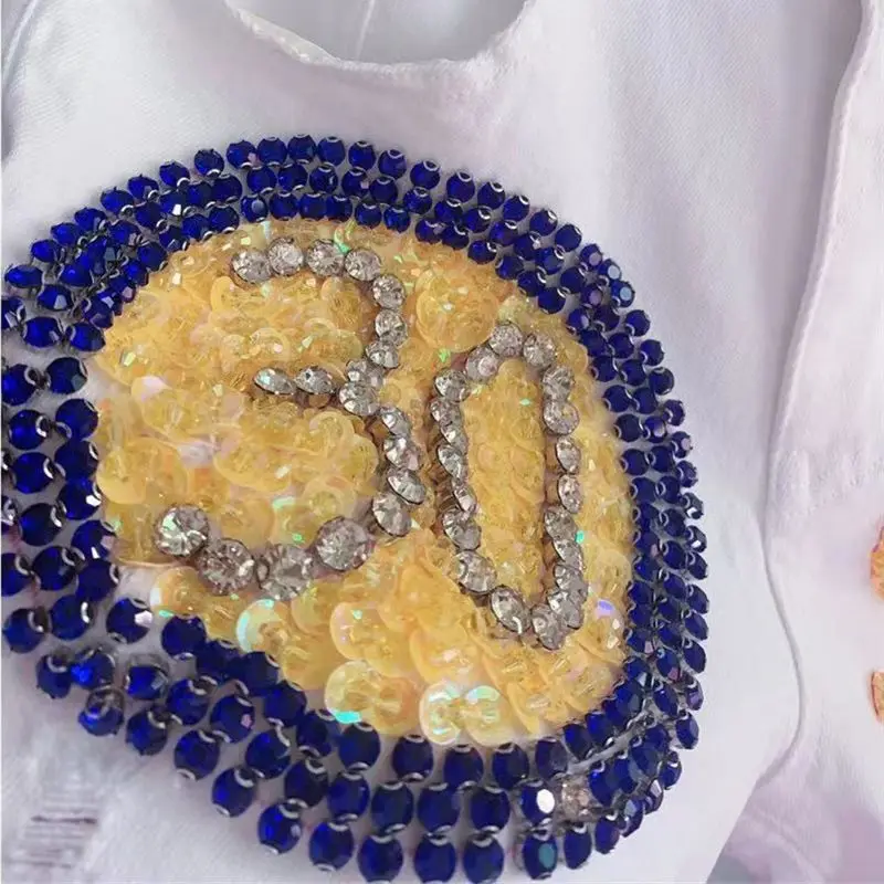 blingbling Rhinestone design Slim Summer Trendy Casual Shorts Denim Letter Pattern Short White Streetwear Jeans Shorts Female