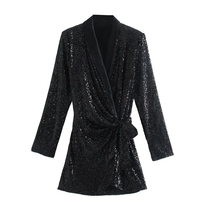 Платье женское с V-образным вырезом длинным рукавом и блестками - купить по