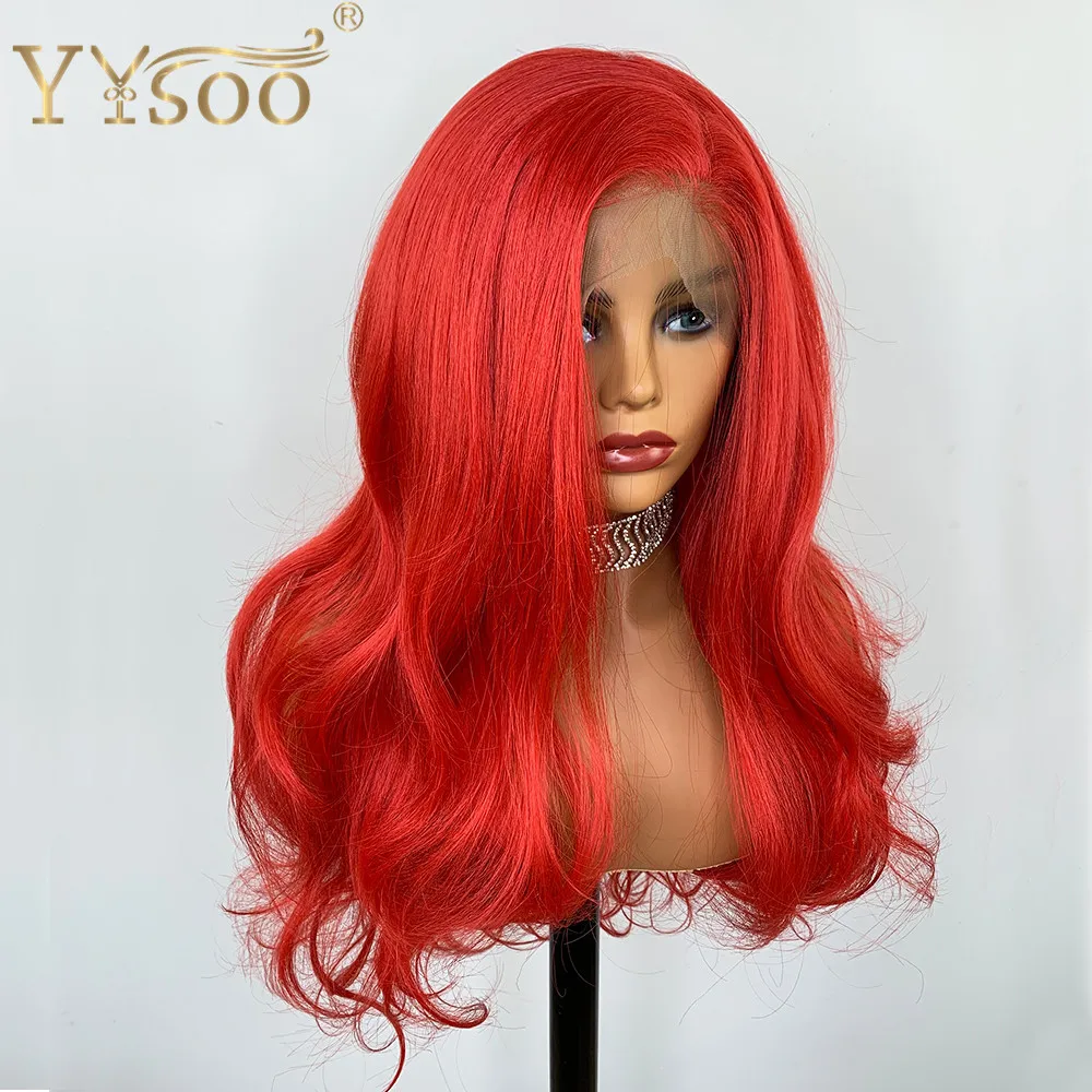 YYsoo 13X6 Lace Front Wigs for Women Frontal Japanese Futura Fiber Hair Synthetic Long Body Wave Red color Daily Use | Шиньоны и парики