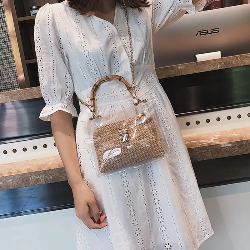 Прозрачная женская сумка с бамбуковой ручкой летняя маленькая Соломенная