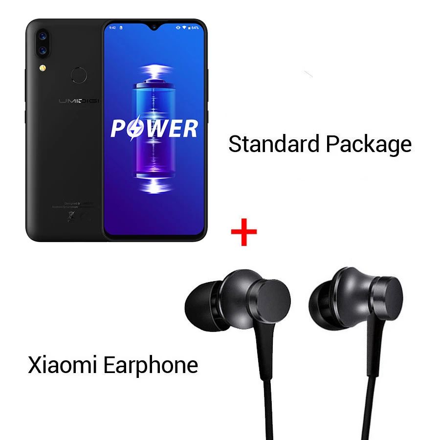 UMIDIGI power Android 9,0 5150 мАч большая батарея 18 Вт 6,3 'FHD+ экран капли воды 4 Гб+ 64 Гб Helio P35 глобальная версия смартфона 16 МП - Цвет: Black n Earphone