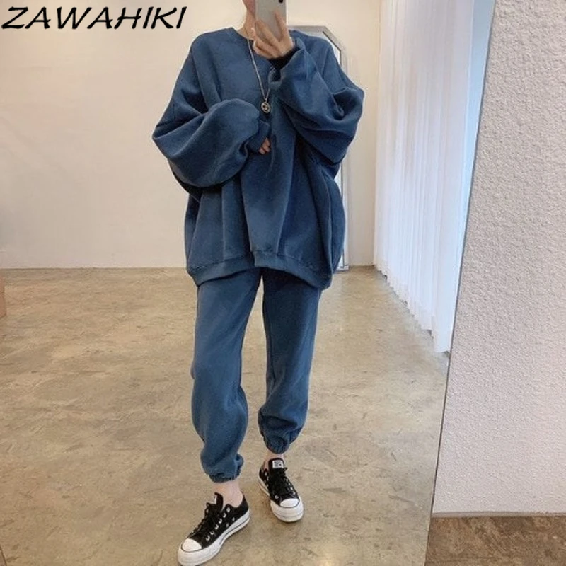 

ZAWAHIKI Solid Simple Lantern Sleeve Round Neck Long Pullover Plus Size Tops High Waist Leggings Casual Pants Sports Suit