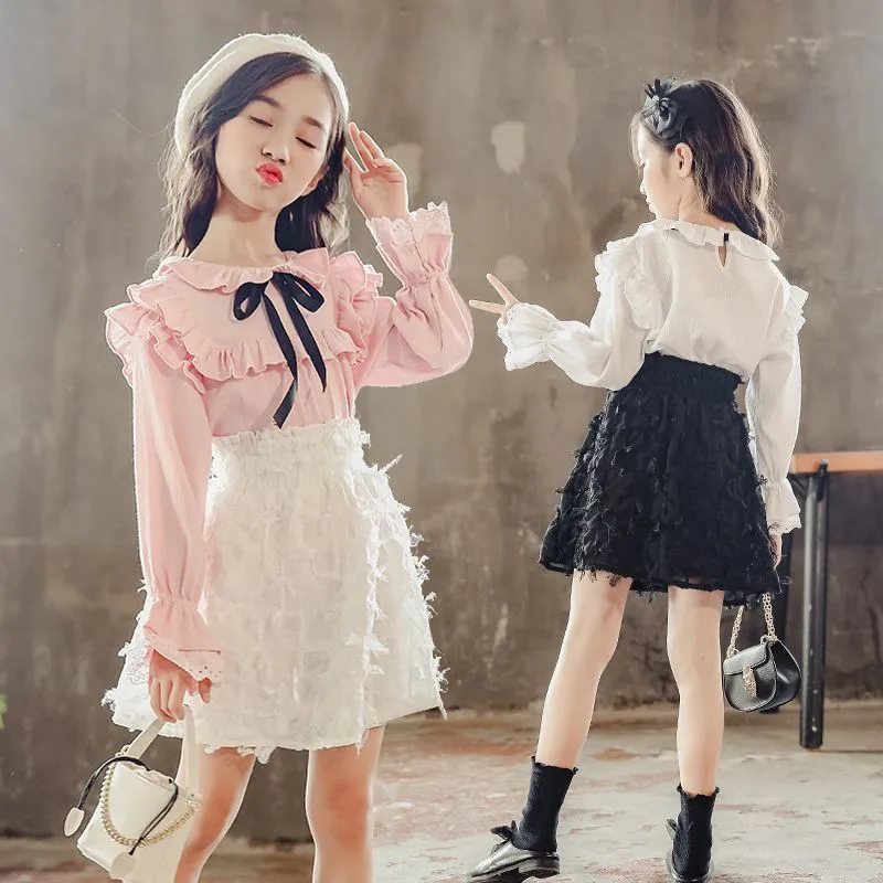 Комплект детской одежды для девочек рубашка + сетчатая юбка повседневный