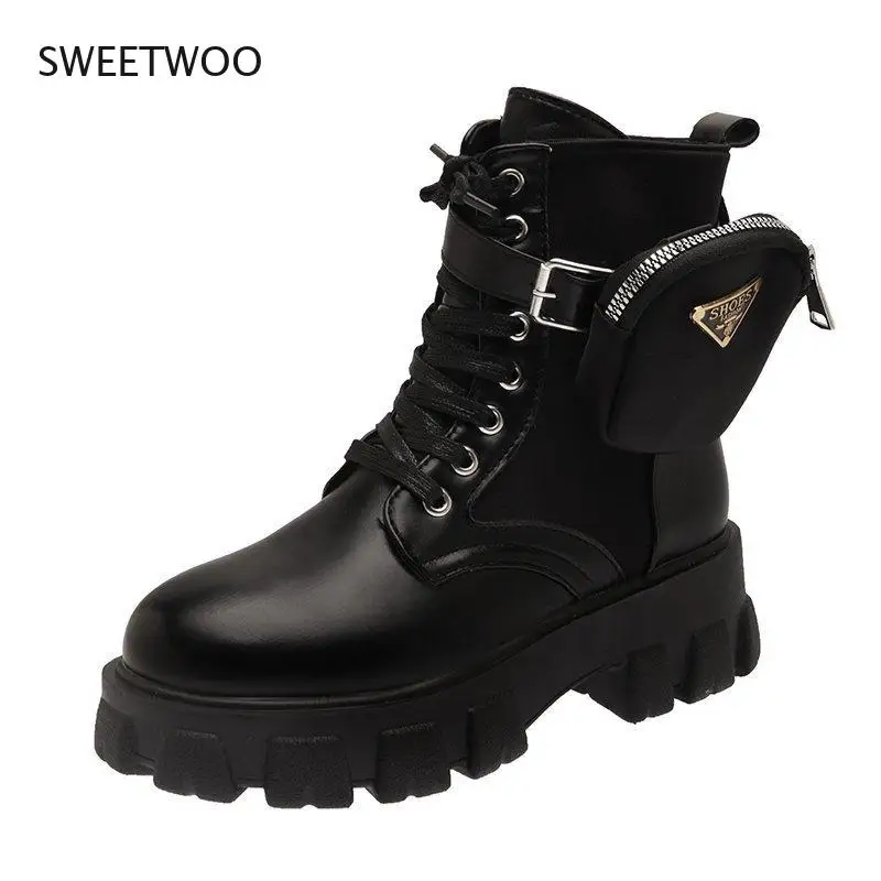 2021 black khaki platform combat and ankle boots women's lace buckle straps women's shoes winter shoes large size boots
