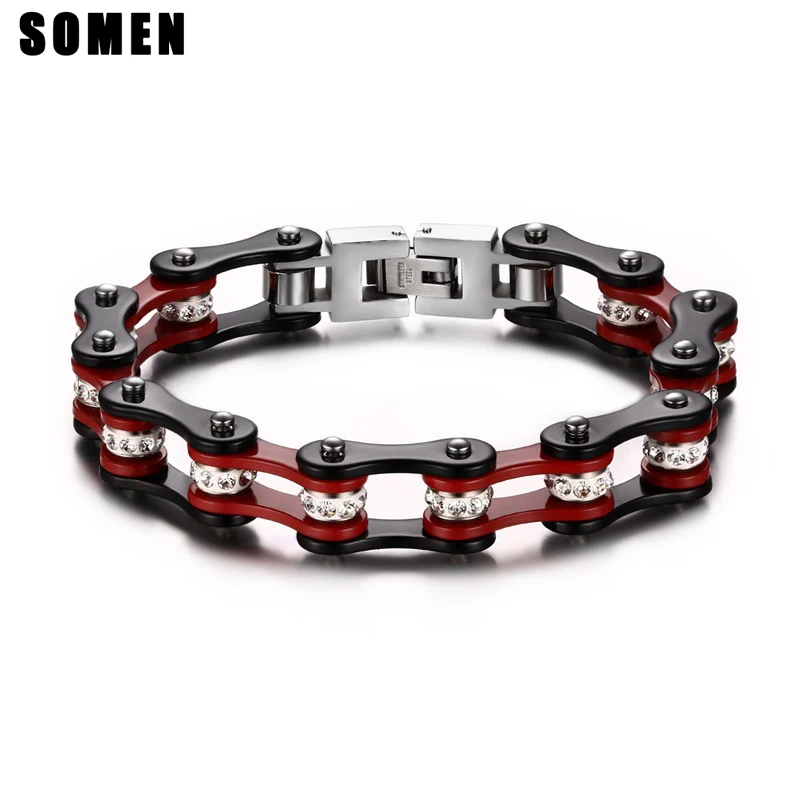 

Luxury Shiny Rhinestones Inner Black And Red Men's Polished Stainless Steel Chain Bracelets For Men Jewelry Gifts Casual Style