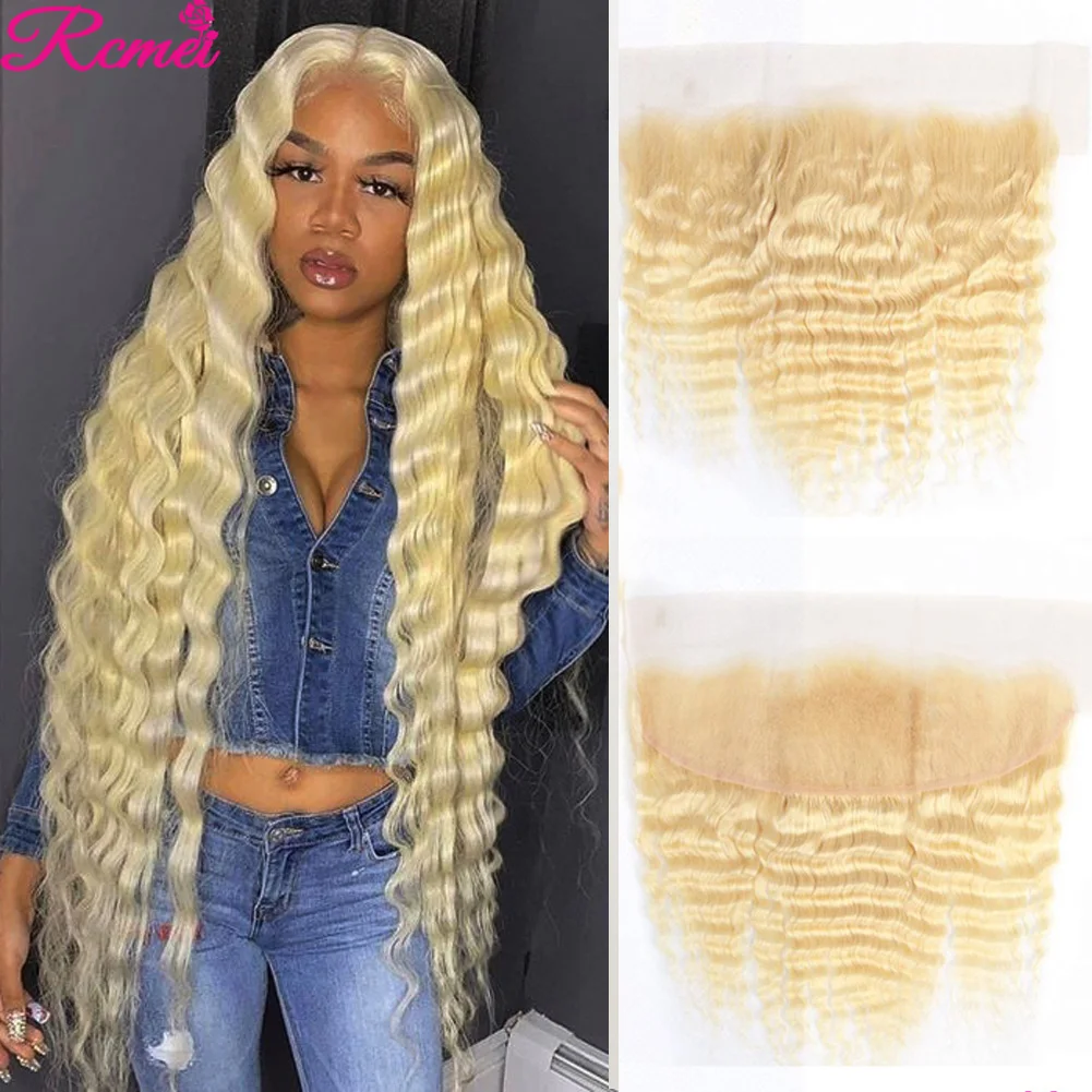 

Honey 613 Blonde Deep Wave Bundles with Frontal Closure Brazilian Blonde Curly 3 Bundles With 13x4 Frontal Pre Plucked Remy Hair