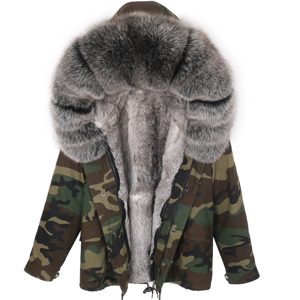 Women Winter Real Fox Fur Coat Big Natural Raccoon Fur Hood Thick Warm Streetwear Parkas Camouflage Real Fur Jacket Detachable