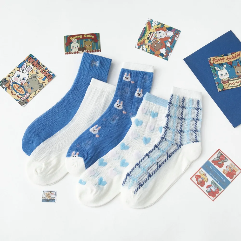 Women Long Socks 5-pairs Set Summer Breathable Thin Cartoon Printed Mesh Girls Socks Japanese Korean Style College Style