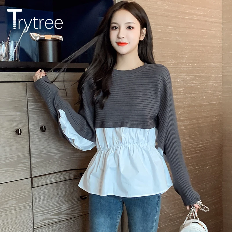

Trytree AW Women Casual T-shirt O-neck Batwing Sleeve knitted Acrylic Patchwork Elastic Waist Ruffle Hem T-shirt 2 Colors Top