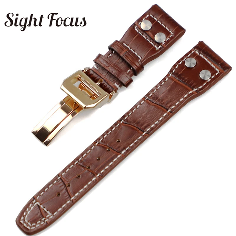 22mm Real Calfskin Leather Military Style Watch Band for IWC Strap Watch Men Mark Big Pilot Bracelet Rivet Belt Correas Hombres